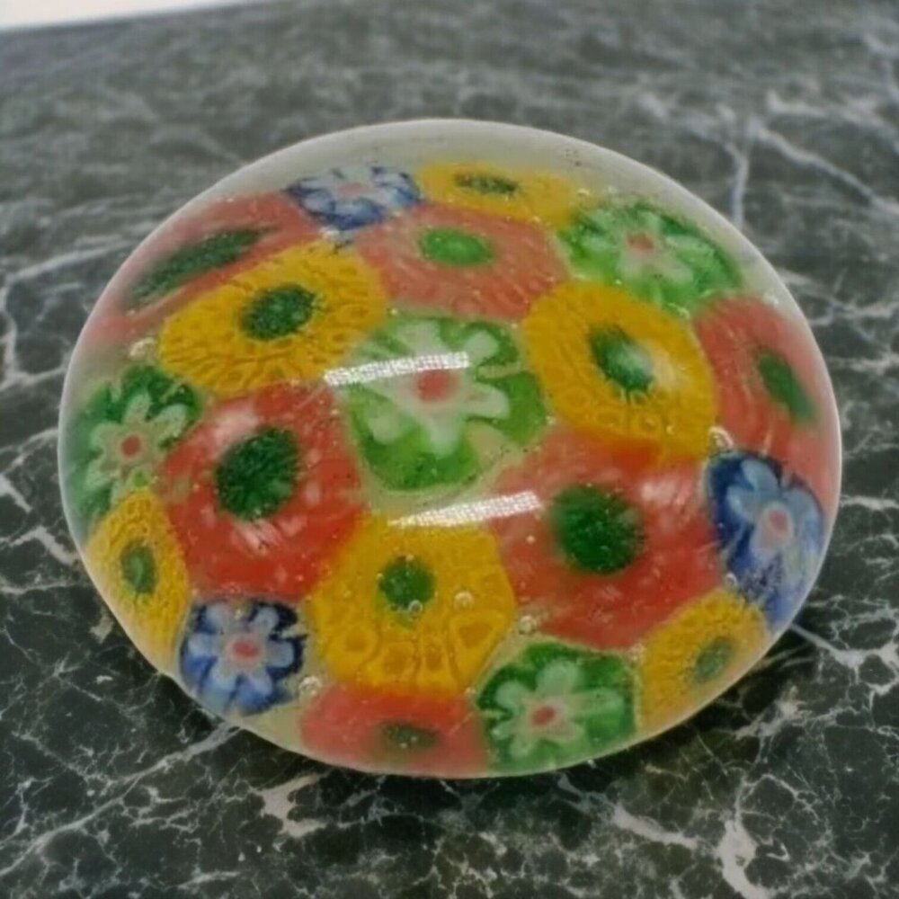 Vintage Art Glass Millefiore Paperwight Retro Flower Orange Yellow Green Blue 2"